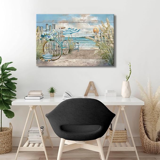 Beach Wall Art Seaside Bicycle Canvas Prints Pictures for Bathroom Decor Ocean Coastal Landscape Wall Decor Nautical Blue Seascape Painting Artwork for Kitchen Living Room Home Decoration 24x36"