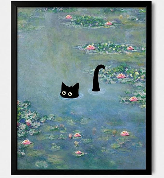 Hamduker Funny Black Cat Wall Art, Monet Art Water Lily Cat Wall Art Decor, Preppy Aesthetic Cat Posters for Bedroom Bathroom Living Room (Size: 11'' x 14''x1pcs)