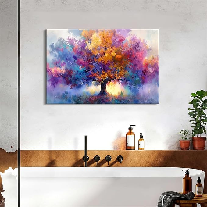 Vibrant Tree of Life Wall Art Colorful Framed Tree Canvas Prints for Living Room Abstract Nature Flowers Trees Canvas Artwork Watercolor Paintings Artwork for Bedroom Kitchen Home Decoration 24x36