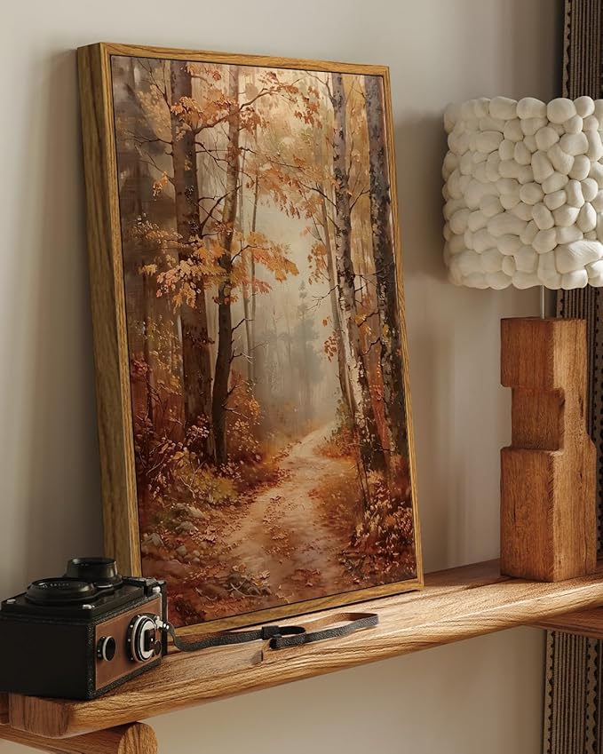 Autumn Forest Framed Canvas Wall Art 12x16 Trees Leaves Trail Artwork, Woodland Path in Fall Colors Landscape Print, Rustic Nature Forest Painting Farmhouse Bedroom Entryway Home Décor
