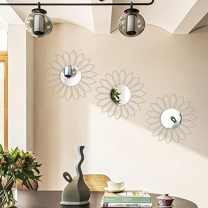 3 Pack Metal Mirrors for Wall Sunburst Wall Mirrors Home Décor Decorative Hanging Wall Art for Living Room Bedroom Entryway (White, Flowers)