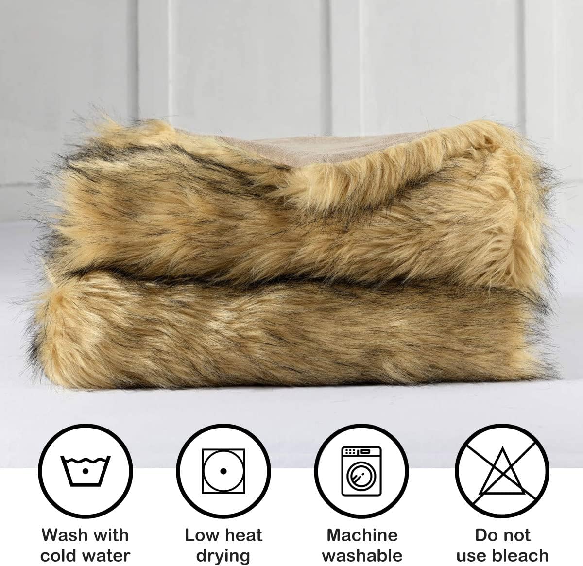Luxury Plush Faux Fur Throw Blanket, Long Pile Golden Yellow with Black Tipped Blanket, Super Warm, Fuzzy, Elegant, Fluffy Decoration Blanket Scarf for Sofa, Armchair, Couch and Bed, 50''x 60''