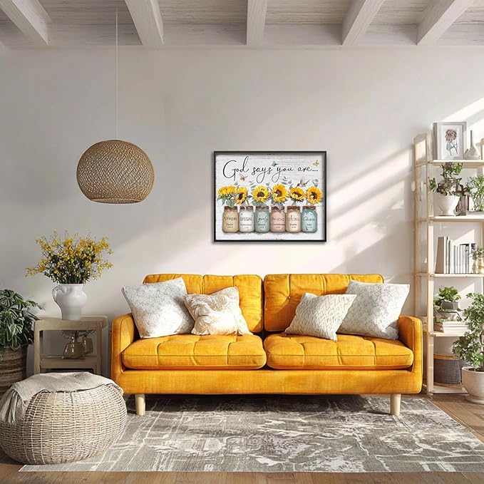 Inspirational Bible Verse Wall Art: God Says You Are Wall Sayings Sunflower in Mason Jar Picture Print Christian Gift Quotes Poster for Women Girl Bedroom Decor 16" x 20"