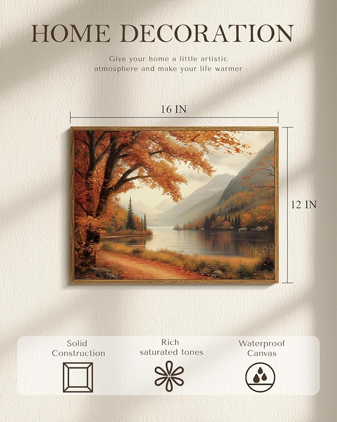 WHASAYART Vintage Fall Tranquil Nature Forest Landscape Wall Art 12x16, Framed Autumn Mountain Path Lake Scenic Canvas Painting Print, Rustic Artwork Farmhouse Bathroom Bedroom Entryway Décor