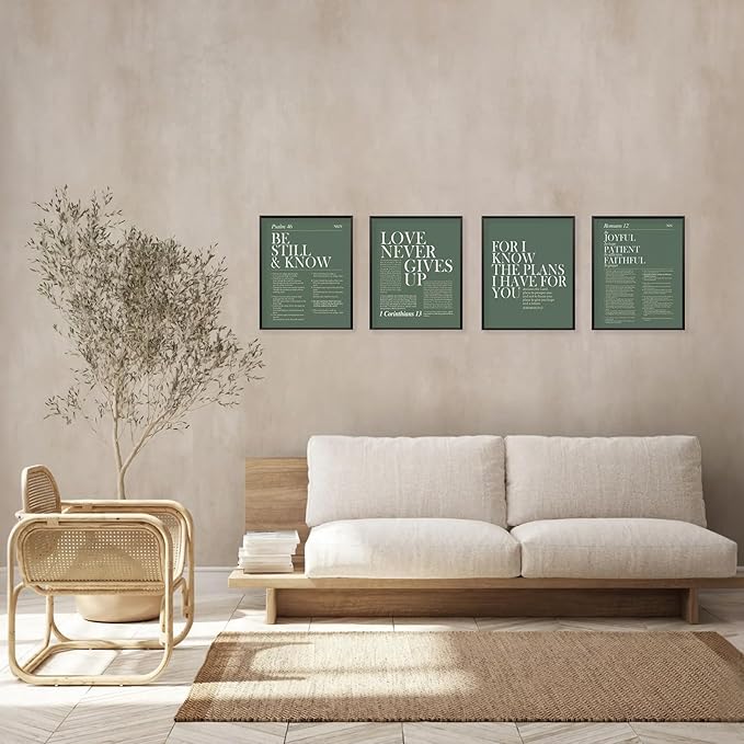 Locomiss Sage Green Christian Wall Art Decor, Modern Bible Verse Prints, Minimalist Jesus Scripture Wall Decor, Green Inspirational Bible Posters for Bedroom Office Living Room,Set of 4(8x10 Unframed)
