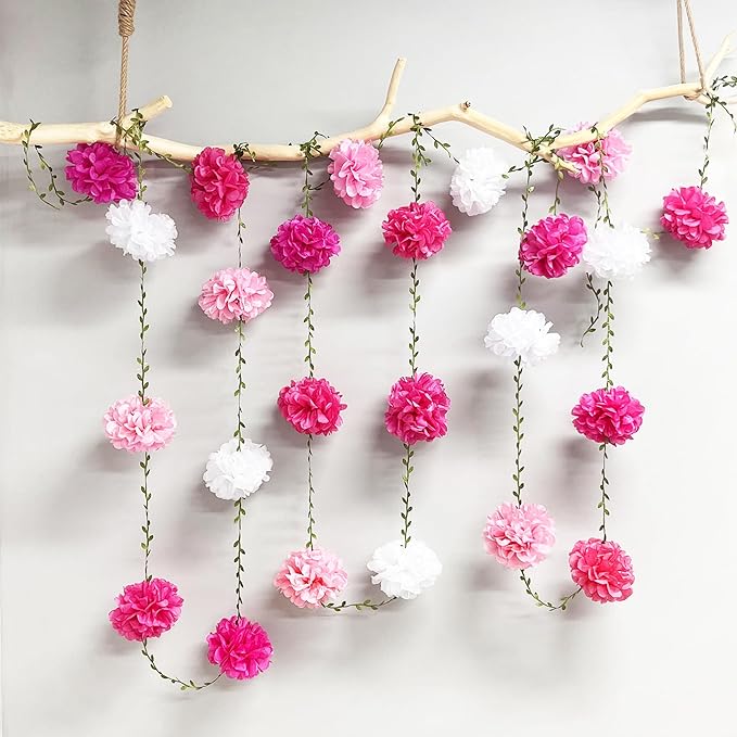 Hot Pink White Party Decorations Ombre Pink White Tissue Paper Flowers Pom Pom Leaf Ribbon Hanging Streamer Garland for Women Girls Birthday Bachelorette Baby Shower Wedding Flamingo Party Supplies