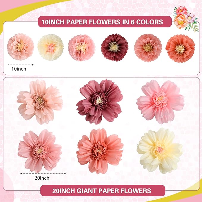 TaoBary Large Colorful Tissue Paper Flowers Giant Fiesta Paper Pom Poms Mexican Birthday Decorations for Wall Wedding Backdrop Centerpiece Party Supplies(20" and 10",Rose Gold, Blush Pink,12 Pcs)