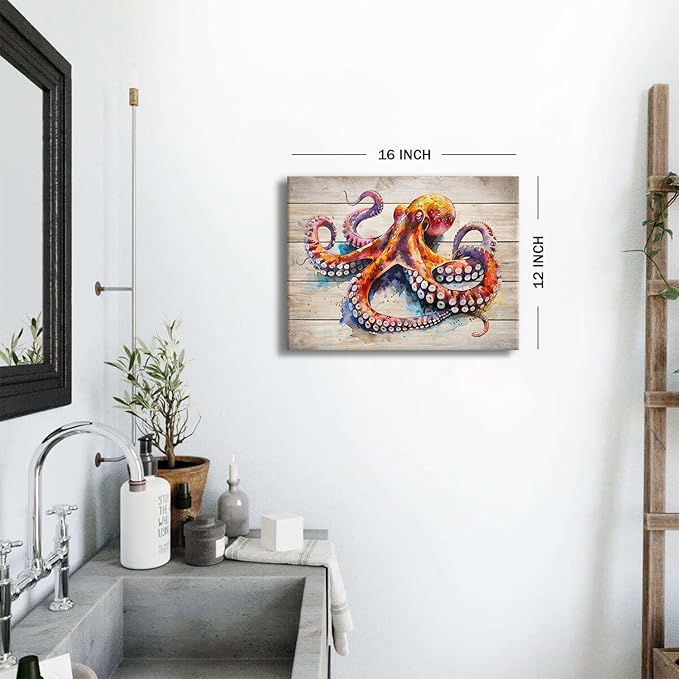 Ocean Bathroom Decor Octopus Wall Art Nautical Sea Animal Canvas Prints Rustic Marine Life Poster Vintage Coastal Pictures Painting Farmhouse Artwork for Bedroom Living Room Home Decoration 12x16"