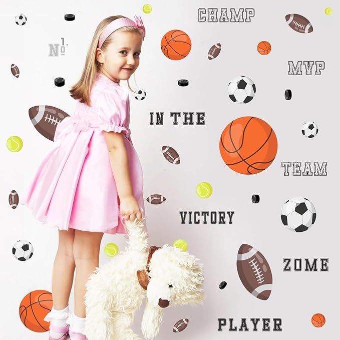 Sports Wall Decals, Basketball and Football Wall Stickers, Peel and Stick Removable DIY Inspirational Wall Decor for Boys Bedroom Classroom Kid's Nursery Room Playground