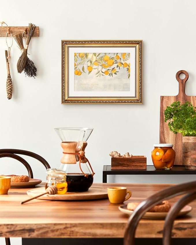 VIYYIEA Gold Framed Vintage Botanical Citrus Fruits Canvas Wall Art, Mediterranean Orange Tree Branch Illustration for Kitchen or Dining Room | Lightweight No Glass, Classic Decor | 11x14 Inch