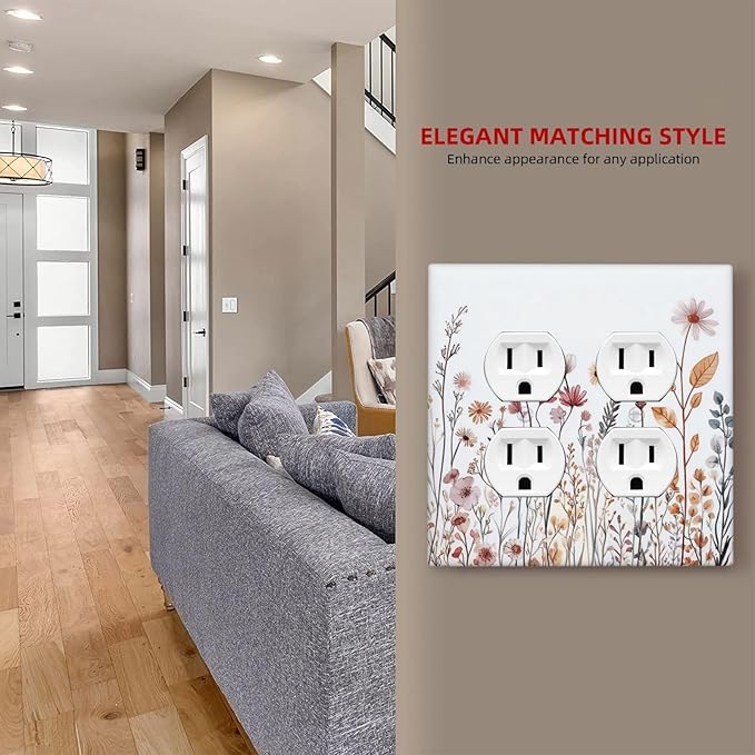 Outlet Covers Spring Floral Pink Wildflower Leaves Plants 2 Gang Double Duplex Decorative Light Switch Covers Electrical Wallplates Socket Faceplate For Home Bed Room Decor