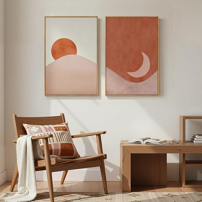 Framed Boho Sun and Moon Set of 2 Wall Art, Terracotta Blush Mid Century Modern Canvas Artwork for Walls, Bohemian Abstract Painting Print for Living Room Bedroom Hallway Office Wall Decor, 16x24 Inch