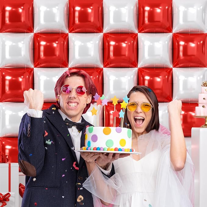 NISOCY 36PCS Red White Square Foil Balloons Wall Backdrop Double Sided Red Pearl White Balloons Arch Kit for Birthday Wedding Bridal Shower Valentine Anniversary Party Decorations