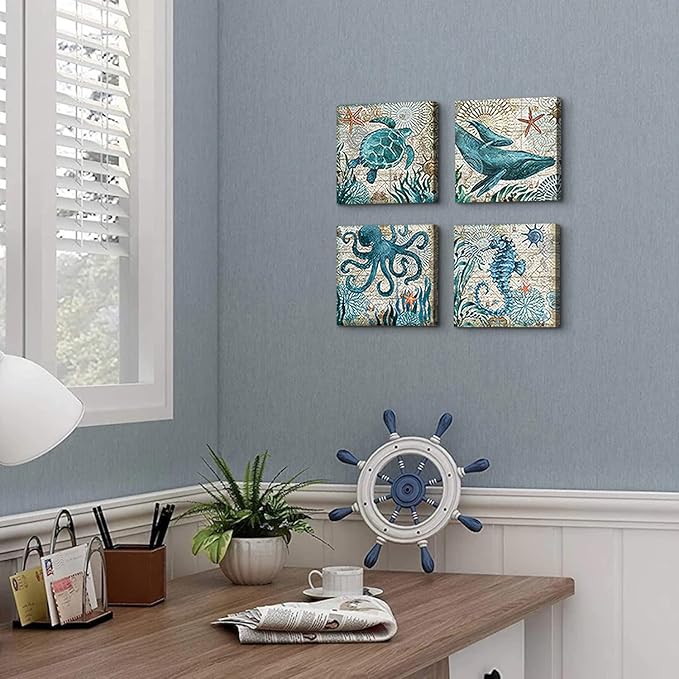 Coastal Beach Wall Art for Living Room Sea Turtle Pictures Bathroom Wall Decor Teal Blue Nautical Themed Seahorse Canvas Painting Ocean Animal Whale Posters Bedroom Kitche Home Decoration 8x8" 4