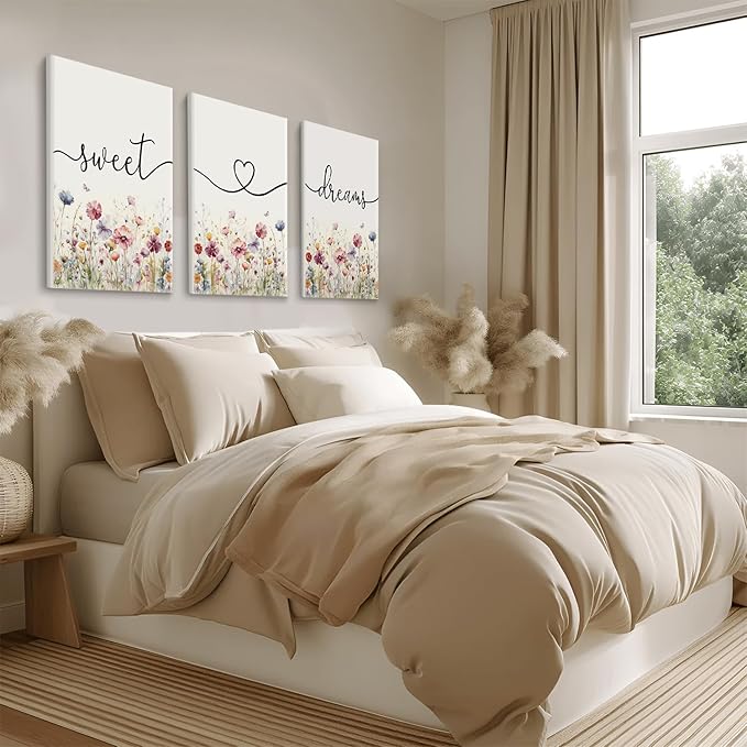 Bedroom Wall Art Decor - Set of 3 Framed Farmhouse Sweet Dreams Sign 12’’x16’’ Above Bed Wall Decor for Bedroom Decor Wall Art Wood Signs (Multicolour, 12’’x16’’)