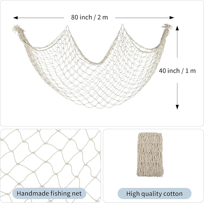 Decorative Fishing Net 80x40 Inch,Patioland Large Beige Picture Fish Net, Wall Photo Hanging Fishnet for Nautical Mermaid Pirate Ocean Themed Hawaii Beach Under The Sea Party Decorations (1PCS)