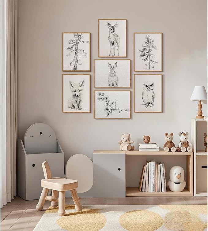 Vintage Nursery Wall Art Woodland Animal Canvas Decor Baby Room Wall Art Forest Animal Pictures Kids Tree Prints Posters Nature Deer Fox Painting Nursery Artwork for Bedroom 8x10x7 Inch Unframed