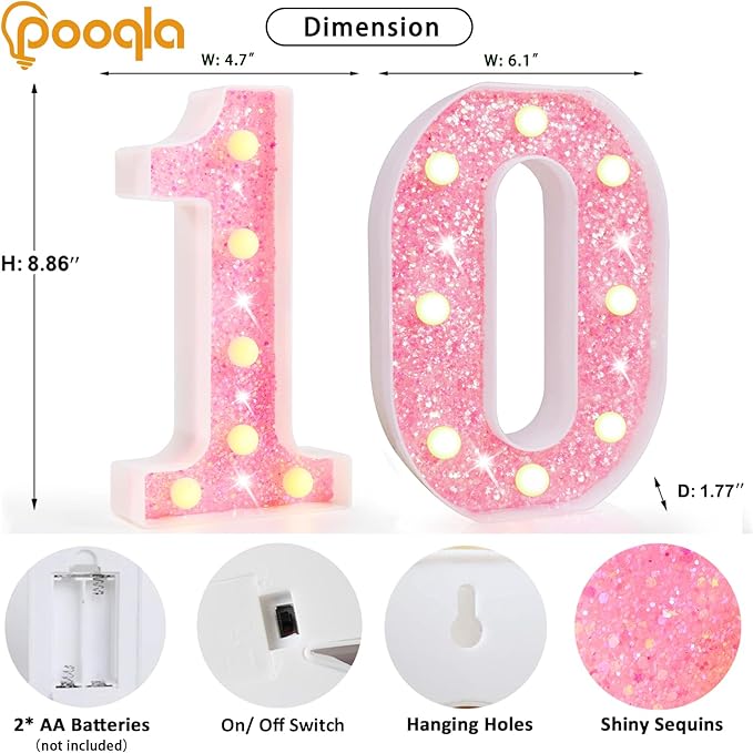 Pooqla 10th Birthday Decoration for Girls, light up Number 10 for Birthday Party, Battery Powered Glitter Lighted Numbers Shiny LED Marquee Numbers table Decor, Pink Number 10