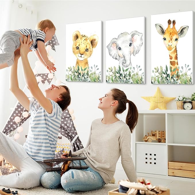 Baby Safari Nursery Wall Decor - Set of 3 Pictures Cute Animal Wall Prints on Canvas Jungle Nursery Safari Decor gifts for Baby Boys and Girls Room, Framed Wall Art (12 x16inch)