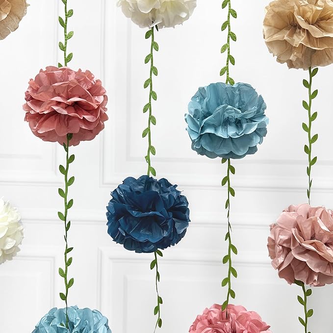 Dusty Rose Pink Blue Khaki Beige Tissue Paper Flowers Pom Pom with Leaf Ribbon Hanging Garland Streamer for Gender Reveal Baby Shower He or She Boy or Girl Vintage Themed Party Decorations Supplies