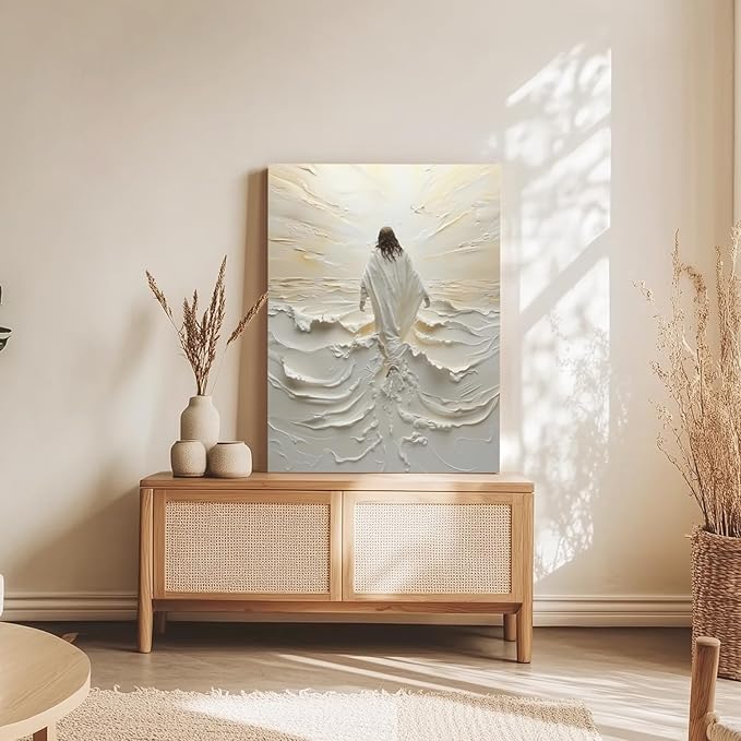 HLXRAE Framed Jesus Wall Art, White Christian Wall Decor, Jesus Walking On Water Poster Prints, Minimalist Christian Biblical Wrapped Canvas Artwork for Church Prayer Room Hospitals 12"x16"
