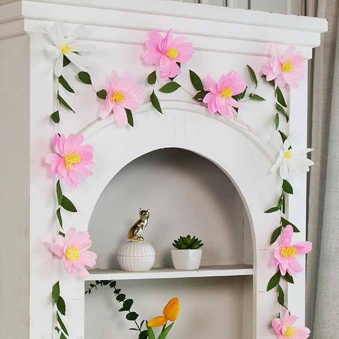 EASY JOY Crepe Paper Flowers Banner White Gradient Pink Flower Banners Spring Hanging Paper Floral Leaves Garland for Spring Birthday Wedding Home Decorations