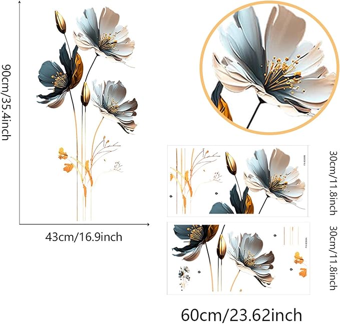 Gold Wall Decals 3D Flower Wall Sticker, Classical Plum Blossom Flower Decals Peel and Stick 3D Wall Art Murals for Girls Bedroom Nursery Living Room TV Home Decor