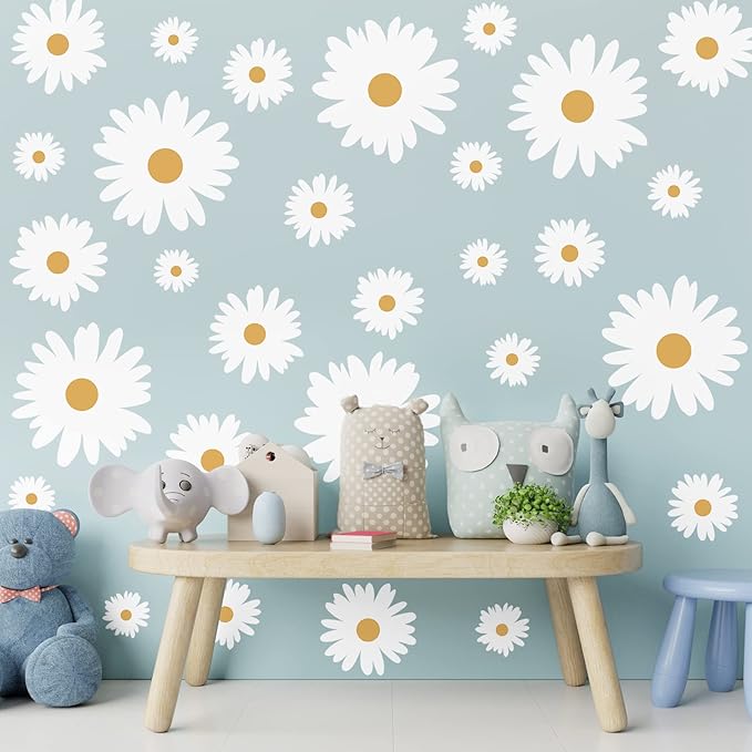 TaoBary 12 Sheet Daisy Wall Sticker Decal Removable Cute Daisy Bedroom Room Decor Flower Wall Sticker Pink White Flower Decal Wallpaper Peel and Stick for Nursery Home(White, Yellow,Multi Petal Style)