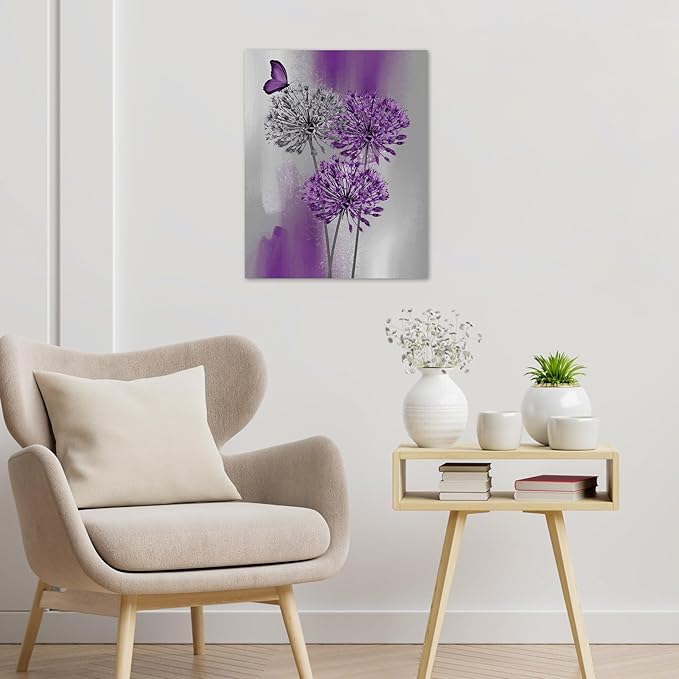 LB Purple Dandelion Wall Art Purple and Grey Floral with Butterfly Canvas Wall Art Modern Abstract Wall Art Decor for Living Room Bedroom Bathroom Office Framed Ready to Hang 10L x 8W