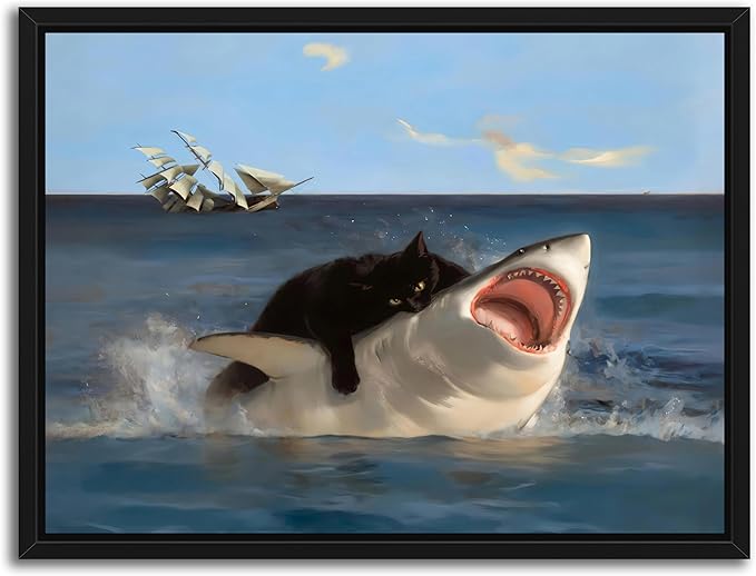 Floating Framed Black Cat Wall Art, Funny Quirky Cat and Shark Pictures Canvas Print, Abstract Black Cat Shark Posters Wall Decor for Room Bedroom Living Room Bathroom Aesthetic 12x16 inch