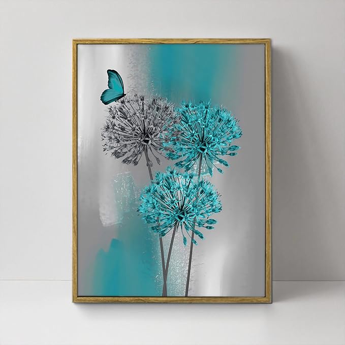 LB Teal Dandelion Framed Wall Art with Butterfly - Modern Teal Grey Canvas Wall Art for Home Contemporary Aesthetic Wall Decor for Home, Ready to Hang 17x12 Inch, Living Room Bedroom Bathroom Decor