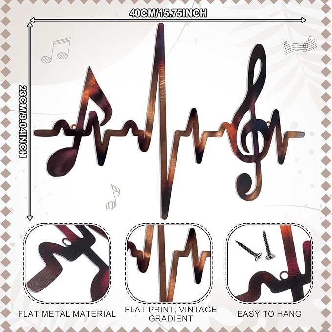 Blulu Metal Music Notes Wall Decor Sign Vintage Musical Heartbeat Wall Art Hanging Note Sign Treble Clef Decorations for Studio Bedroom Gallery Bar Birthday Party 15.75 x 9.04 Inches(Retro)