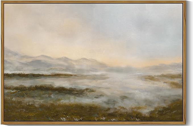 SHENIFY Vintage Framed Wall Art Rustic Foggy Mountain Landscape Scenery Home Decor Retro Wilderness Decorations for Farmhouse Bedroom Ready to Hang Wall Artwork - 24x36in Natural Framed