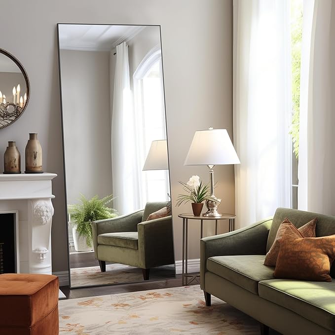 DUMOS Full Length Mirror with Stand 70.4"x25.6" Floor Standing Aluminum Frame for Bedroom Body Hanging Leaning Modern Simple Home Decor Shatter-Proorf Nano Glass Wall Living Room Cloakroom Black