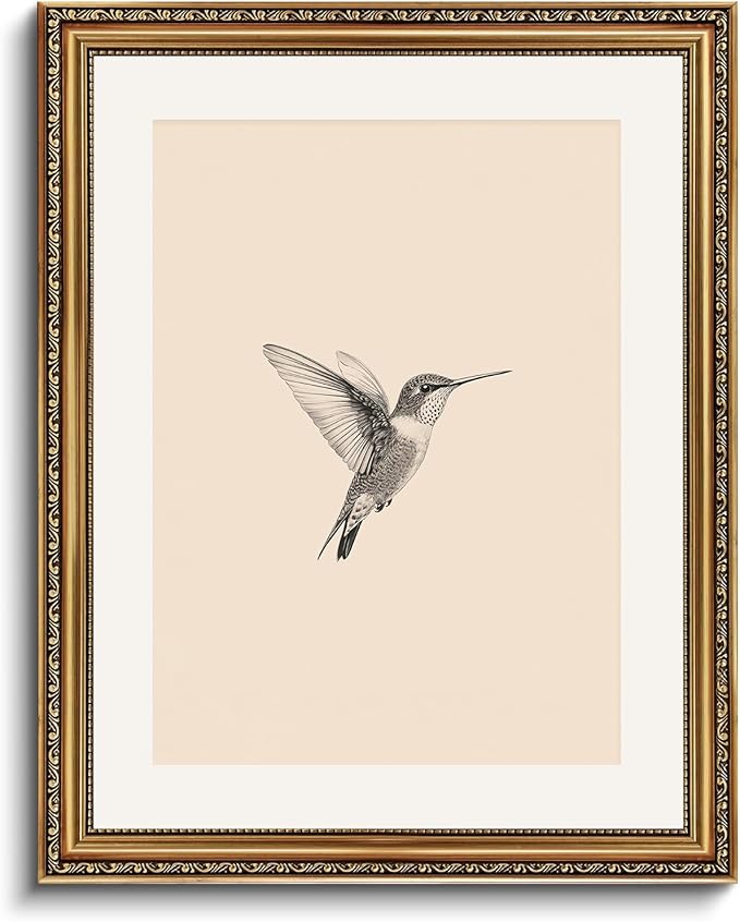 VIYYIEA Gold Framed Elegant Hummingbird Sketch Canvas Wall Art, Vintage Nature Illustration, Minimalist Cream Background Decor | No-Glass Design, Lightweight Anti-Glare Construction | 16x20 Inch
