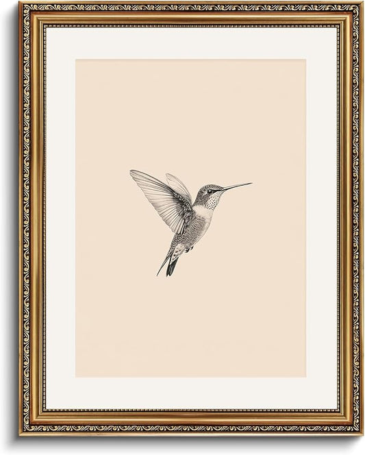 VIYYIEA Gold Framed Elegant Hummingbird Sketch Canvas Wall Art, Vintage Nature Illustration, Minimalist Cream Background Decor | No-Glass Design, Lightweight Anti-Glare Construction | 16x20 Inch