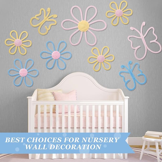 Wesiti 9 Pcs Boho Nursery Decor 3 Size Daisy Flower and Butterflies Woven Macrame Wall Hanging for Home Nursery Bedroom Dorm Wall Art(Classic Color)