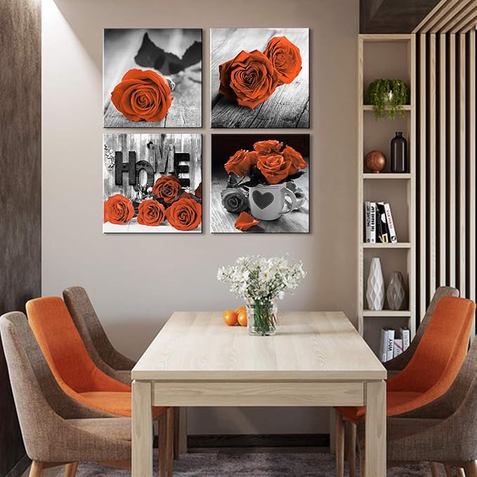 Orange Wall Art Bloom Rose Pictures Canvas Prints Red and Black Floral Wall Decor Accessories Love Framed Flower Paintings Modern Contemporary Artwork Bedroom Kitchen Office Home Decorations 24x24”