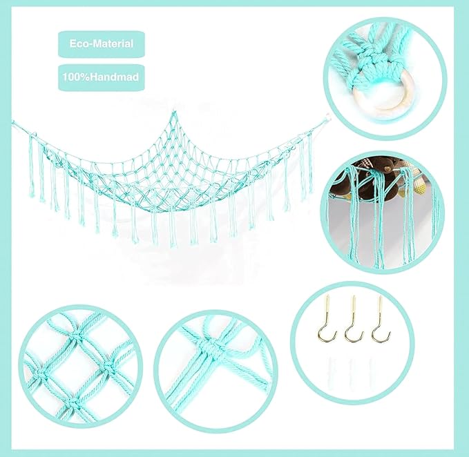 Stuffed Animal Hammock Corner, Hand-knitted Large Plushie Net Toy Hammock with Wooden Rings | Boho Cute Stuff Animal Storage for Nursery & Bedroom | Mesh Kids Toy Organizer Holder Nursery Room Decor