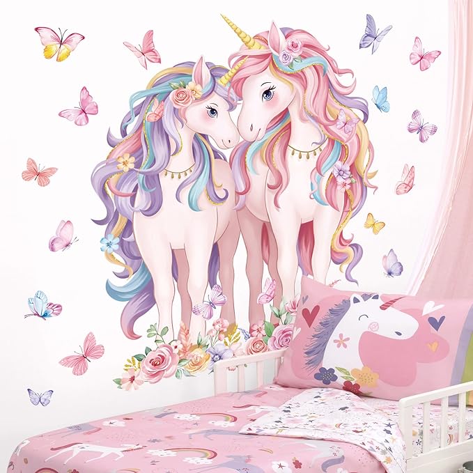 decalmile 2 Large Size Unicorn Wall Decals Unicorn Flower Butterfly Wall Stickers Baby Nursery Kids Room Girls Bedroom Wall Decor