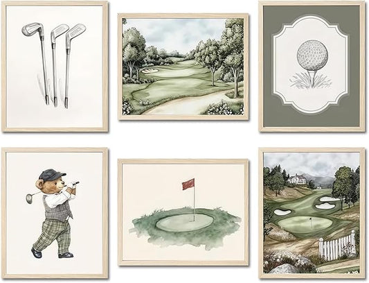 Mynotix Golf Nursery Canvas Poster Set of 6, Vintage Baby Boy Golf Sport Wall Art Teddy Bear Sage Green Kids Wall Decor Print for Living Room Bedroom Children's Room Unframed 12x16 inch