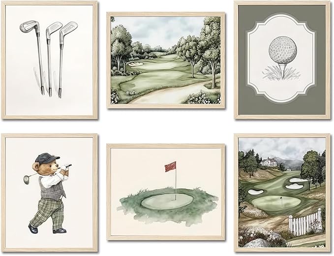 Mynotix Golf Nursery Canvas Poster Set of 6, Vintage Baby Boy Golf Sport Wall Art Teddy Bear Sage Green Kids Wall Decor Print for Living Room Bedroom Children's Room Unframed 8x10 inch