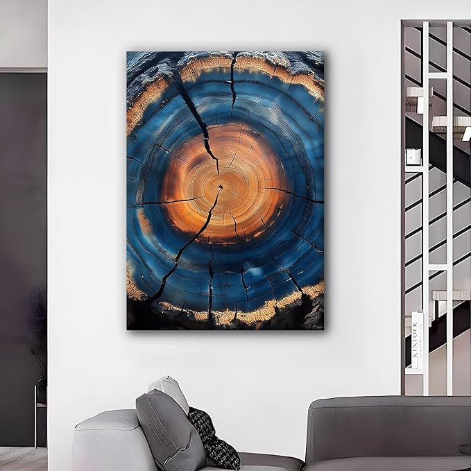 IBHJSART Framed Tree Ring Canvas Wall Art Blue Wall Art Wood Stump Painting Prints Modern Minimalist Pictures Neutral Nature Rustic Farmhouse Decor Living Room Bedroom Bathroom Office