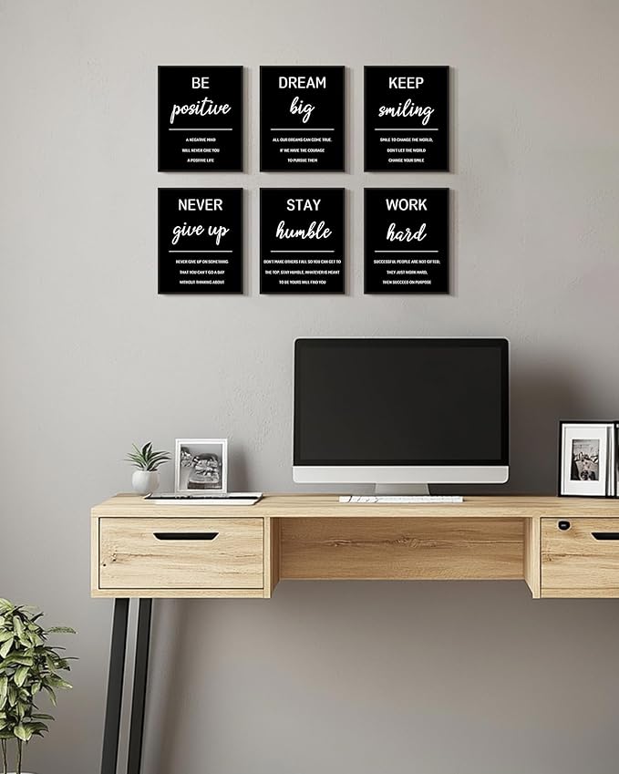 KUVIOKE Inspirational Framed Wall Art Motivational Quotes Wall Decor Encouraging Office Posters Sayings for Classroom Bedroom Living Room Ready to Hang Set of 6, 8x10in (Black Framed)