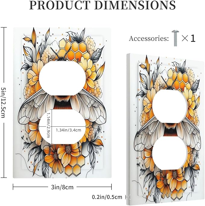Outlet Covers Bee Honeycomb Flowers Plant Leaves 1 Gang Duplex Light Switch Cover Decorative Switch Plates Electrical Receptacle Faceplate Wall Plate For Nursery Kids Room Decor