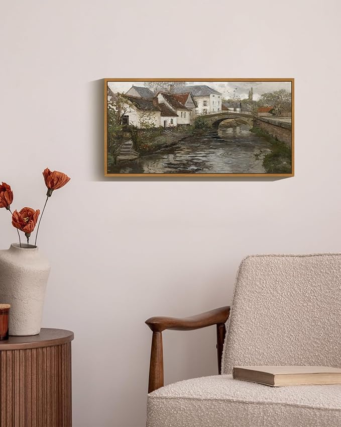 SHENIFY Vintage Framed Wall Art French Town Country Landscape Painting Retro Countryside River Scenery Farmhouse Kitchen Living Room Decor - 8x16in Natural Framed