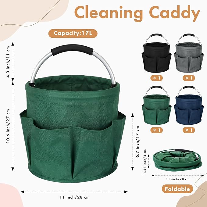 LemonRoad 4 Pack Cleaning Caddy with Handle 17L Foldable Cleaning Supplies Organizer Oxford Cloth Storage Basket with 6 Pockets & Soft Grip Portable Multi Bucket Bag for Home, Garden(4 Colors)