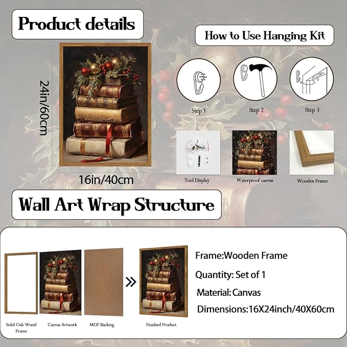 Framed Vintage Christmas Canvas Wall Art, Rustic Xmas Book Artwork Wall Decor Paintings, Retro Winter Holiday Pictures Prints Dark Academia Home Decor for Living Room Bedroom Libiary 16×24 inch