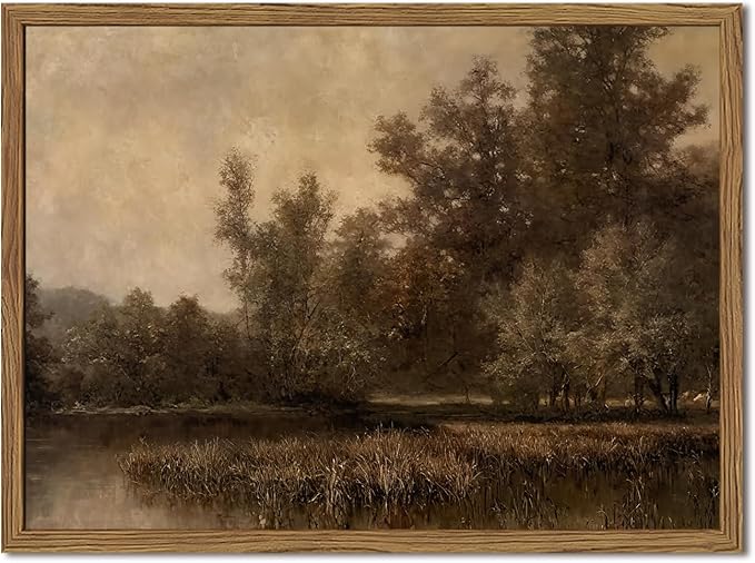 Framed Vintage Landscape Canvas Wall Art, Rustic Forest Lake Wall Decor Paintings, Retro Country Nature Pictures Prints Aesthetic Home Decor for Living Room Bedroom Office Farmhouse 16x24 inch