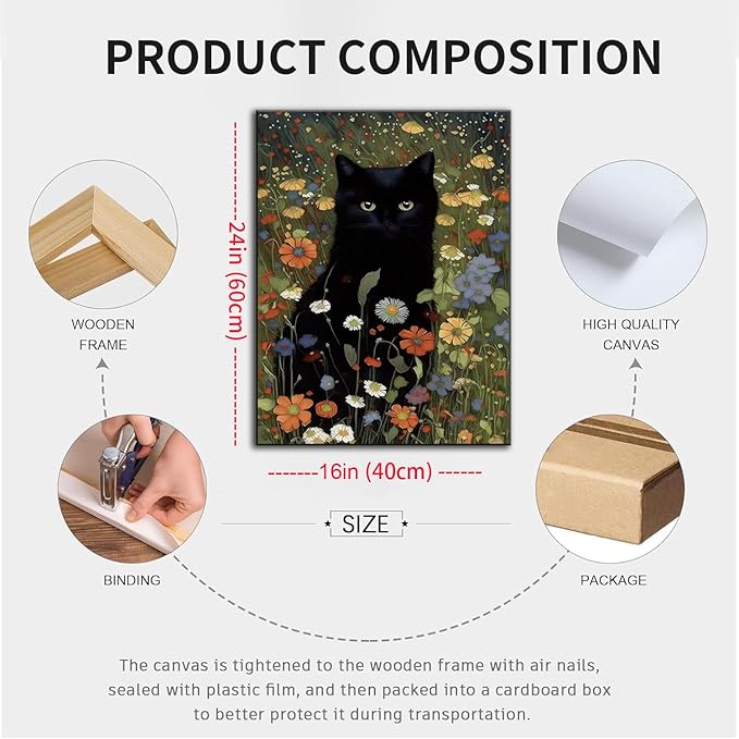 Framed Cat Canvas Wall Art, Funny Black Cat Picture Wall Decor, Animal In Garden Flowers Prints Poster for Bathroom Bedroom Living Room Gallery Decor 16x24 inch